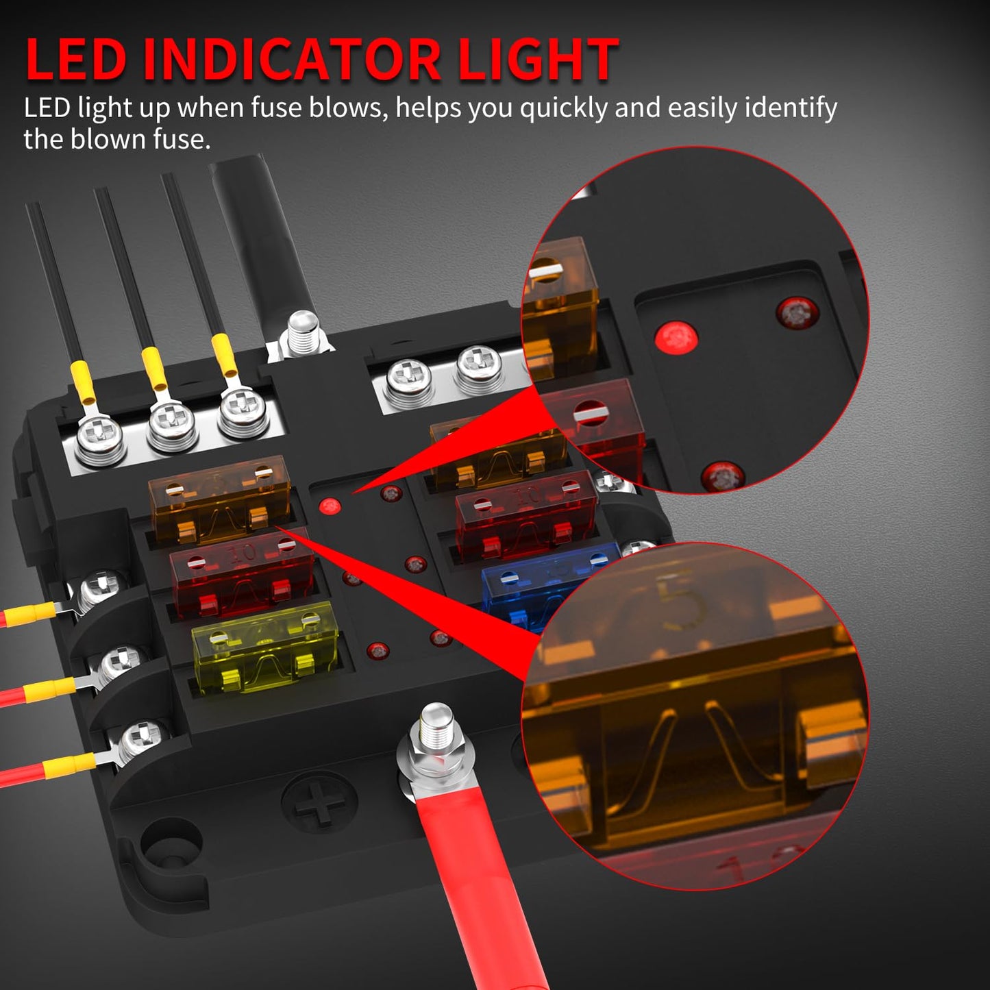 DAIERTEK 12V Fuse Block 6 Way with LED Indicator Light 12 Volt Fuse Box ATO/ATC Marine Fuse Panel Waterproof 24V for Automotive Boat Car Truck