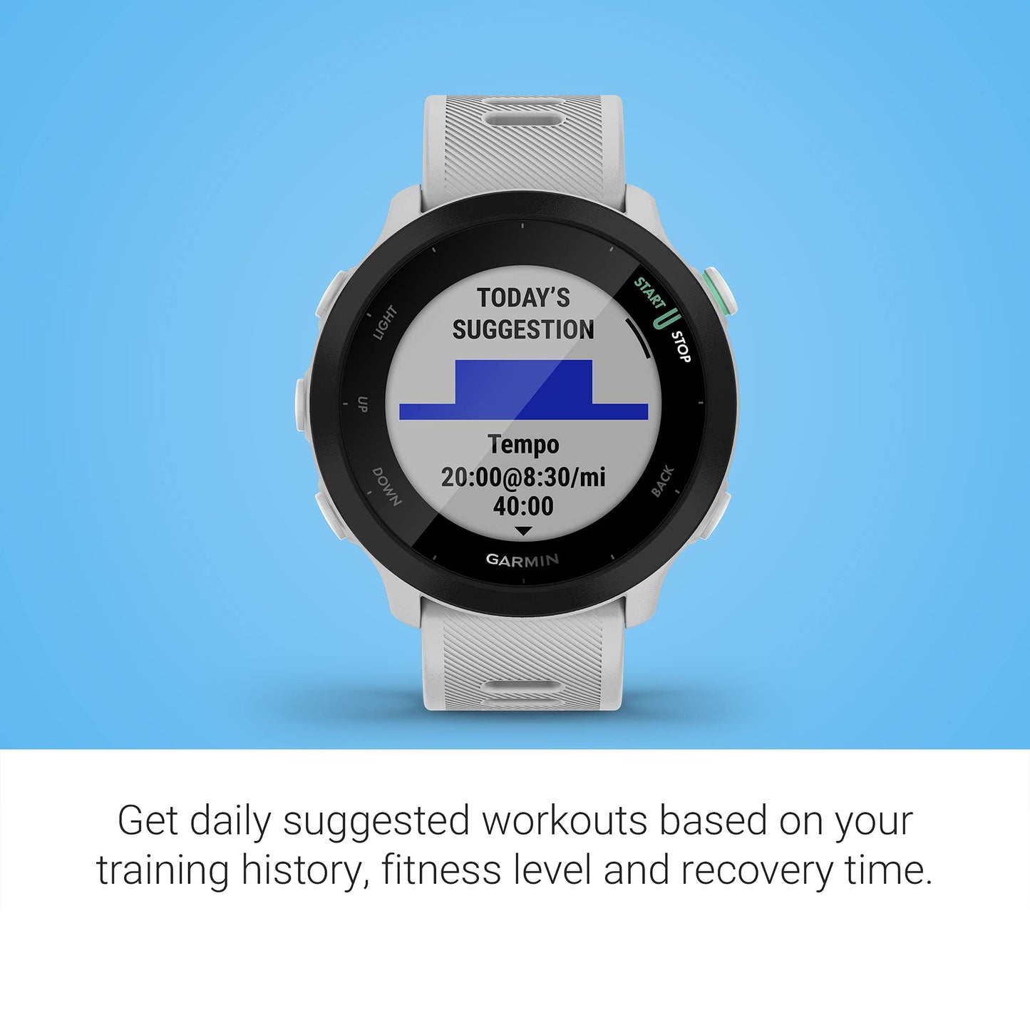 Garmin Forerunner 55, GPS Running Watch with Daily Suggested Workouts, Up to 2 Weeks of Battery Life, White